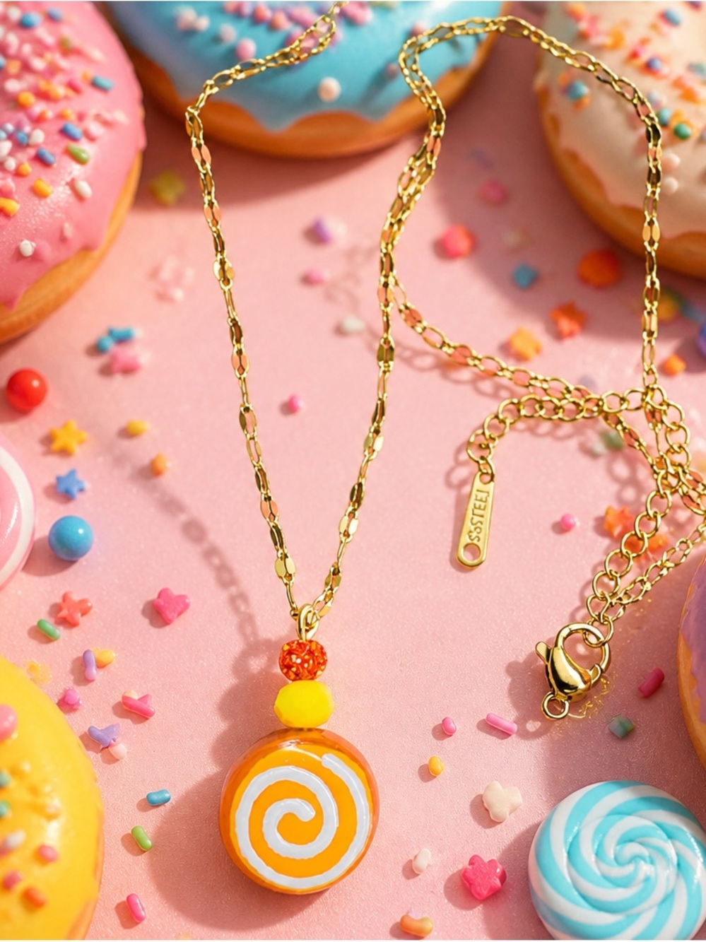 Gold Stainless Steel Donut Orange Swirl Pendant Necklace -